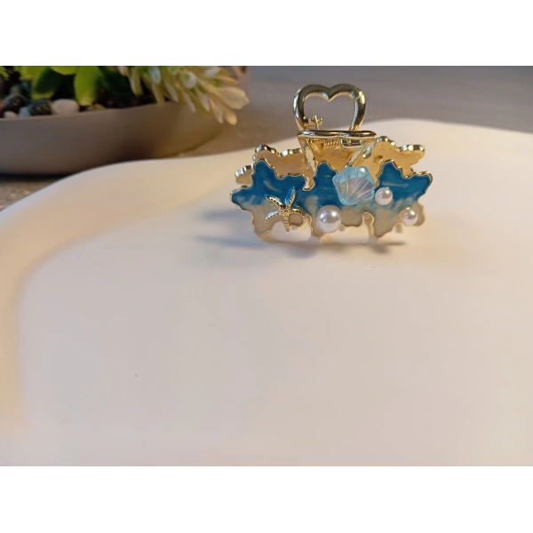 Euro Aksesuar Deniz Esintisi Serisi İncili ve Deniz Yıldızlı Altın Kaplama Metal Mandal Toka - 4 cm