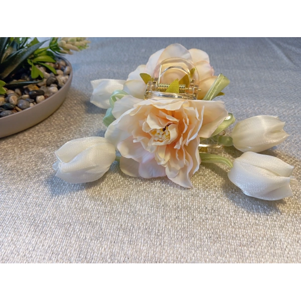 Euro Aksesuar Romantik Bahar Serisi Lale ve Şakayık Detaylı Büyük Boy Çiçekli Mandal Toka