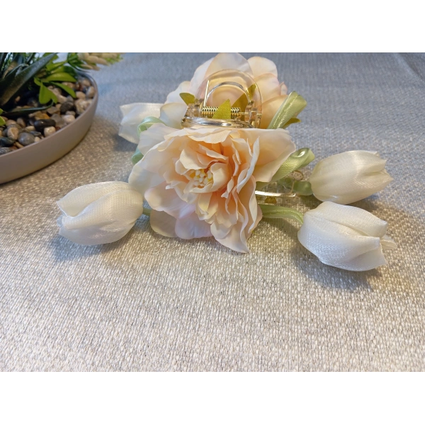 Euro Aksesuar Romantik Bahar Serisi Lale ve Şakayık Detaylı Büyük Boy Çiçekli Mandal Toka