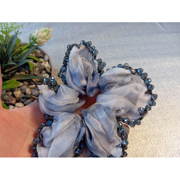 Euro Aksesuar Kenarı Kristal Boncuk İşlemeli Şifon Simit Toka - Bohem Şık Scrunchie Set