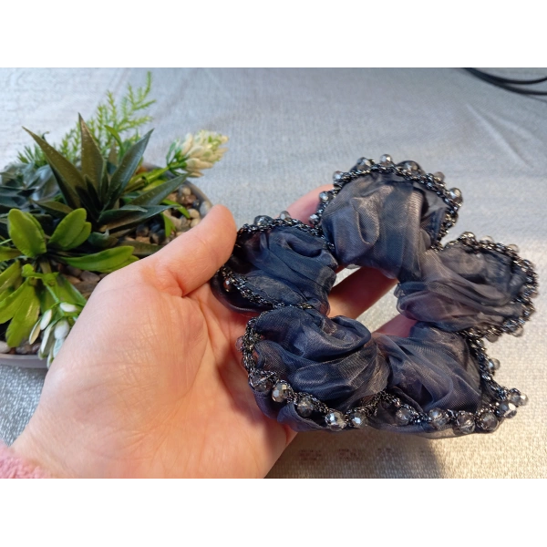 Euro Aksesuar Kenarı Kristal Boncuk İşlemeli Şifon Simit Toka - Bohem Şık Scrunchie Set