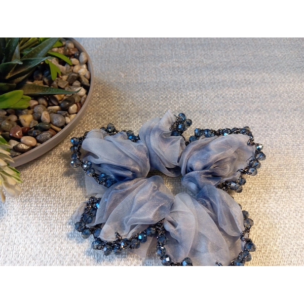 Euro Aksesuar Kenarı Kristal Boncuk İşlemeli Şifon Simit Toka - Bohem Şık Scrunchie Set