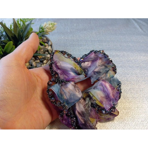 Euro Aksesuar Kenarı Kristal Boncuk İşlemeli Şifon Simit Toka - Bohem Şık Scrunchie Set