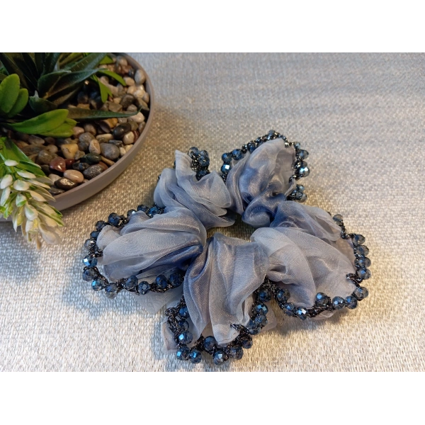 Euro Aksesuar Kenarı Kristal Boncuk İşlemeli Şifon Simit Toka - Bohem Şık Scrunchie Set