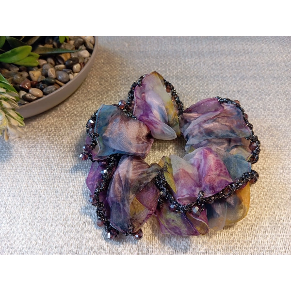 Euro Aksesuar Kenarı Kristal Boncuk İşlemeli Şifon Simit Toka - Bohem Şık Scrunchie Set