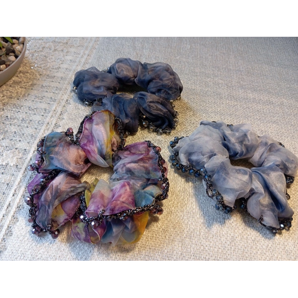 Euro Aksesuar Kenarı Kristal Boncuk İşlemeli Şifon Simit Toka - Bohem Şık Scrunchie Set