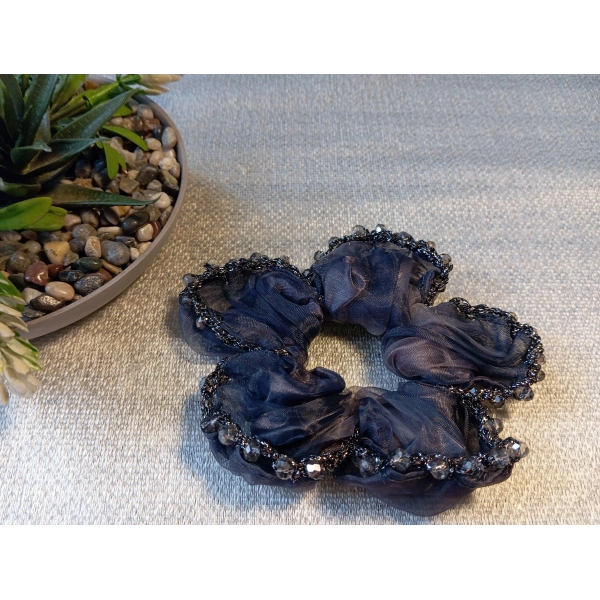 Euro Aksesuar Kenarı Kristal Boncuk İşlemeli Şifon Simit Toka - Bohem Şık Scrunchie Set