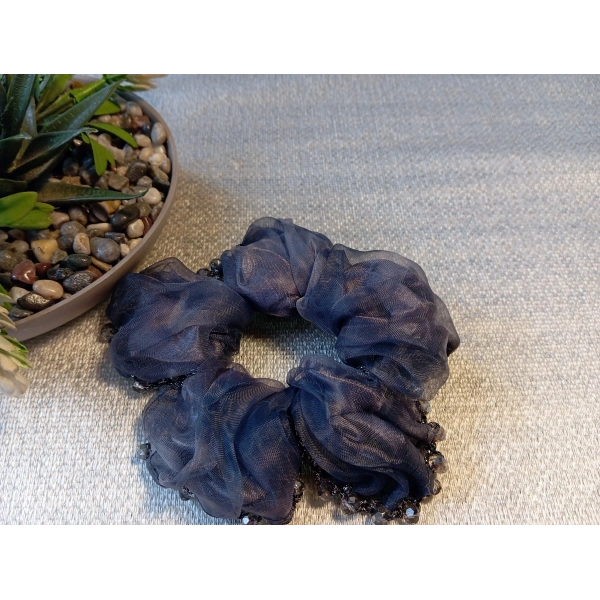 Euro Aksesuar Kenarı Kristal Boncuk İşlemeli Şifon Simit Toka - Bohem Şık Scrunchie Set