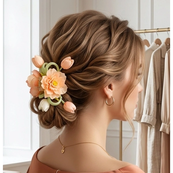 Euro Aksesuar Romantik Bahar Serisi Lale ve Şakayık Detaylı Büyük Boy Çiçekli Mandal Toka