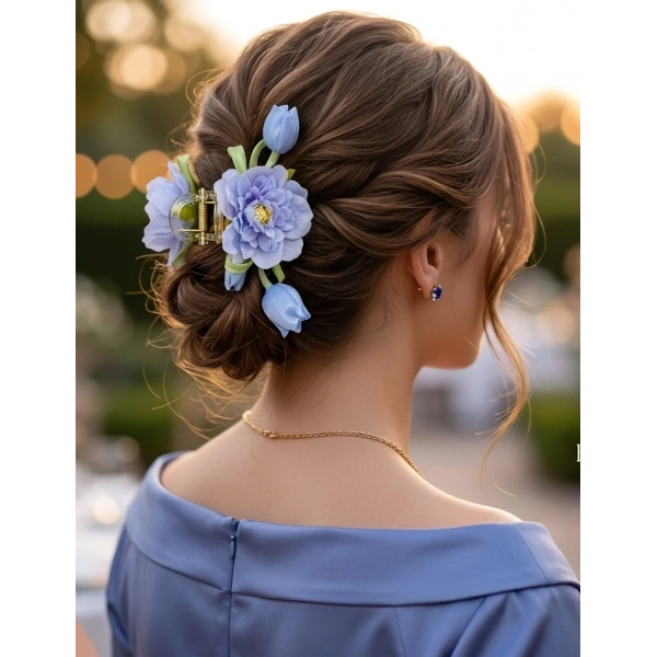 Euro Aksesuar Romantik Bahar Serisi Lale ve Şakayık Detaylı Büyük Boy Çiçekli Mandal Toka