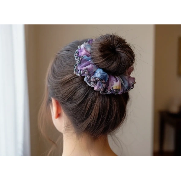 Euro Aksesuar Kenarı Kristal Boncuk İşlemeli Şifon Simit Toka - Bohem Şık Scrunchie Set