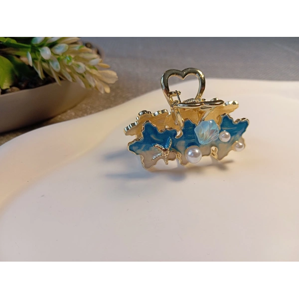 Euro Aksesuar Deniz Esintisi Serisi İncili ve Deniz Yıldızlı Altın Kaplama Metal Mandal Toka - 4 cm