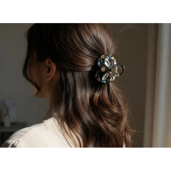 Euro Aksesuar Premium Koleksiyon Kristal Taşlı ve Markiz Kesim Cam Detaylı Orta Boy Mandal Toka - 5 cm