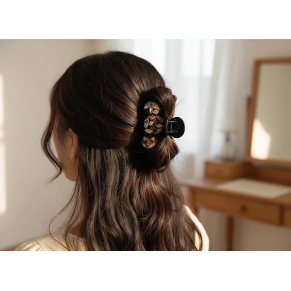 Euro Aksesuar Lüks Kristal Taşlı ve Markiz Kesim Cam Detaylı Büyük Boy Mandal Toka