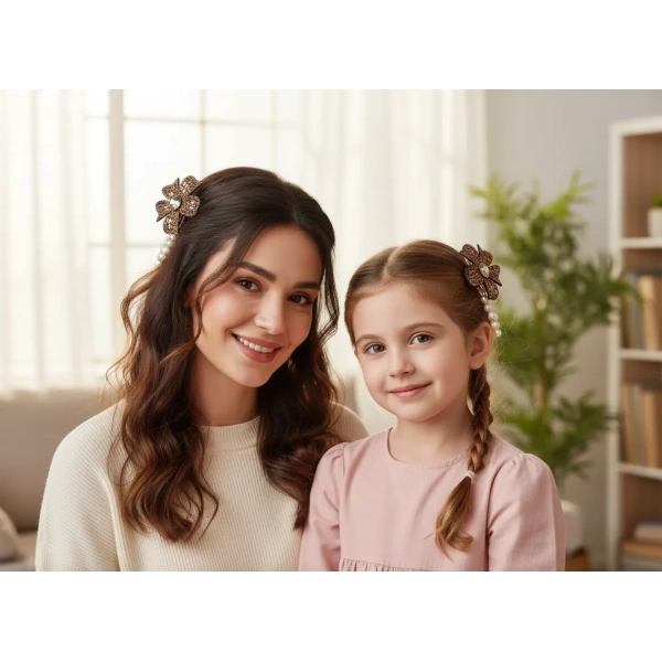 Euro Aksesuar Kristal Taşlı Çiçek Figürlü ve İncili Lüks Yan Toka