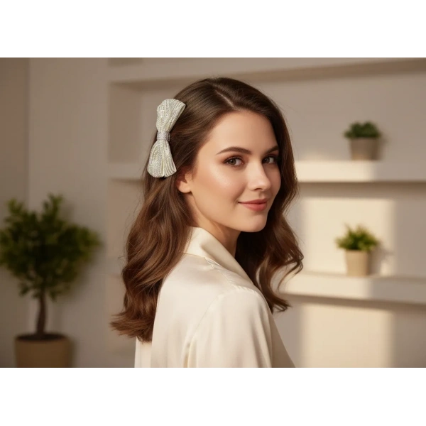 Euro Aksesuar Kristal Taşlı ve İncili Lüks Fiyonk Otomatik Toka