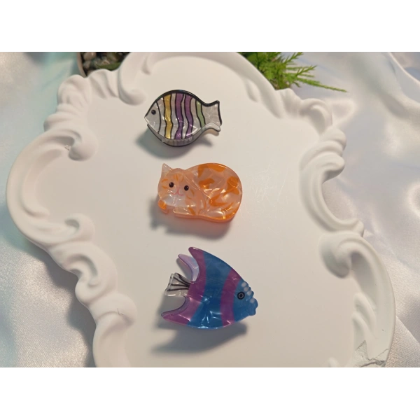 Euro Aksesuar Kedi ve Balık Figürlü 3lü Mini Mandal Toka Seti (2-3 cm)