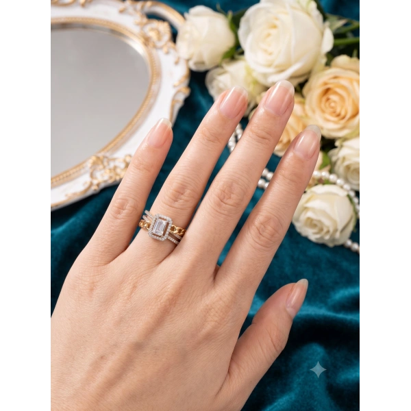 Xuping Jewelry Kadın Baget Kesim Zirkon Taşlı Zincir Detaylı Yüzük (8 Numara) 14 K Kaplama