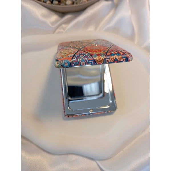 8x2 cm Etnik Mandala Desenli Taşlı Dikdörtgen Cep Aynası