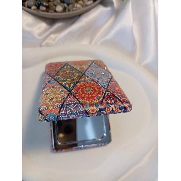 8x2 cm Etnik Mandala Desenli Taşlı Dikdörtgen Cep Aynası