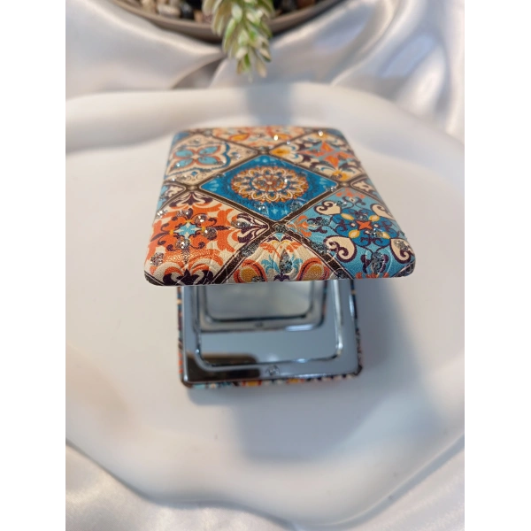8x2 cm Çini Motifli Mavi Turuncu Taşlı Dikdörtgen Cep Aynası