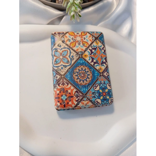 8x2 cm Çini Motifli Mavi Turuncu Taşlı Dikdörtgen Cep Aynası