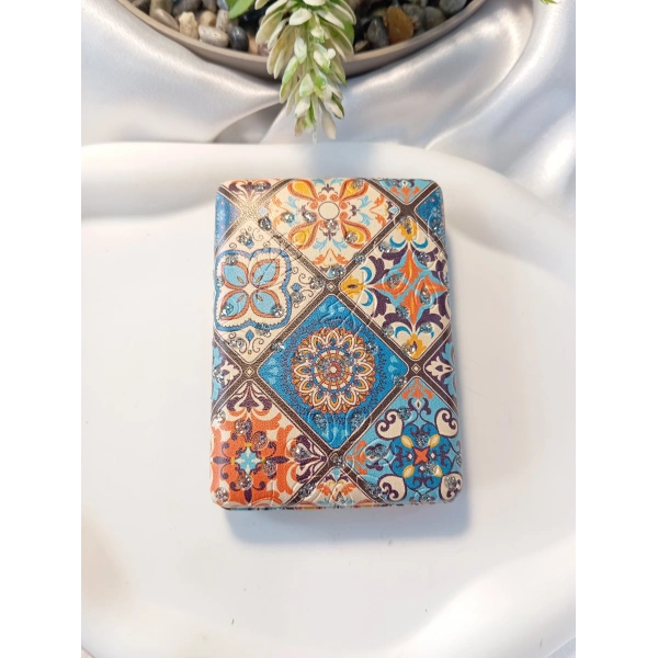 8x2 cm Çini Motifli Mavi Turuncu Taşlı Dikdörtgen Cep Aynası