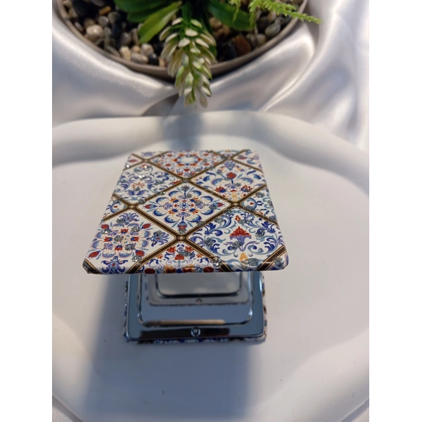 7x1 cm Klasik Çini Motifli Taşlı Dikdörtgen Cep Aynası