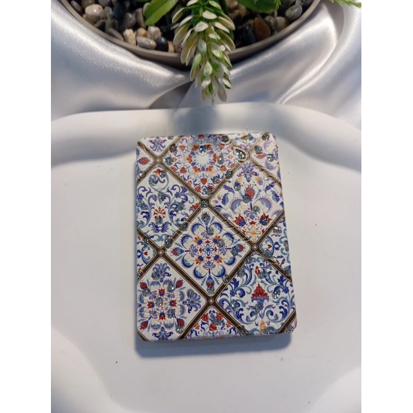 7x1 cm Klasik Çini Motifli Taşlı Dikdörtgen Cep Aynası