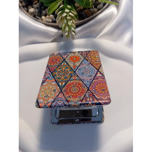 Etnik Mandala Desenli Işıltılı Katlanabilir Dikdörtgen Cep Aynası (7x1 cm)