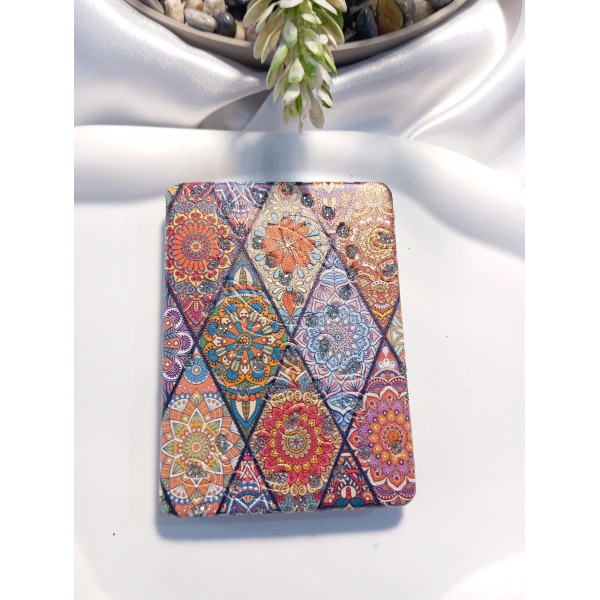Etnik Mandala Desenli Işıltılı Katlanabilir Dikdörtgen Cep Aynası (7x1 cm)
