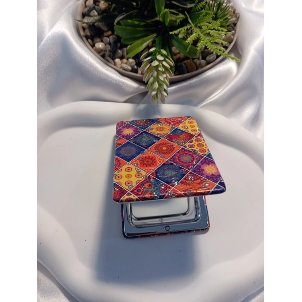 Etnik Desenli Işıltılı Dikdörtgen Cep Aynası (7x1 cm)