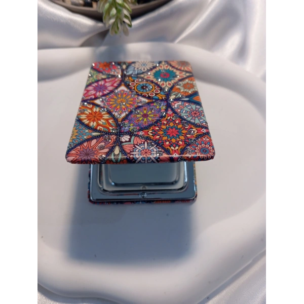 Etnik Mandala Desenli Işıltılı Dikdörtgen Cep Aynası (7x1 cm)