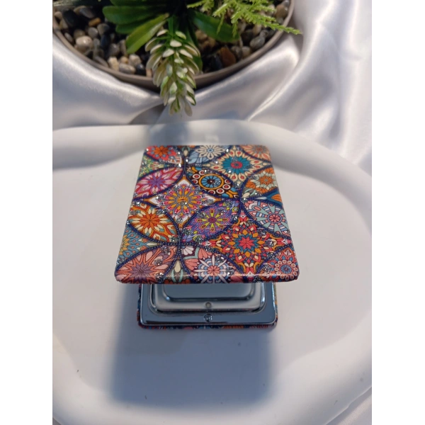 Etnik Mandala Desenli Işıltılı Dikdörtgen Cep Aynası (7x1 cm)