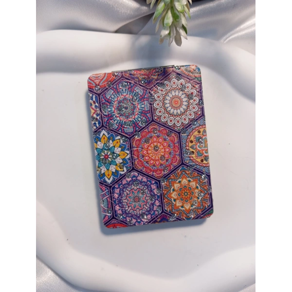 Altıgen Mandala Desenli Işıltılı Dikdörtgen Cep Aynası (7x1 cm)