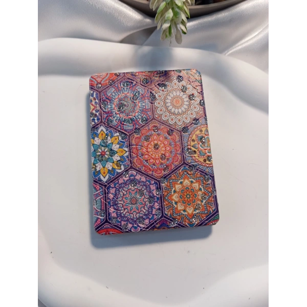 Altıgen Mandala Desenli Işıltılı Dikdörtgen Cep Aynası (7x1 cm)