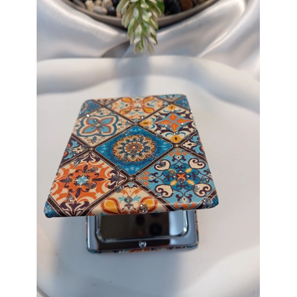 Çini Motifli Işıltılı Dikdörtgen Cep Aynası (7x1 cm)