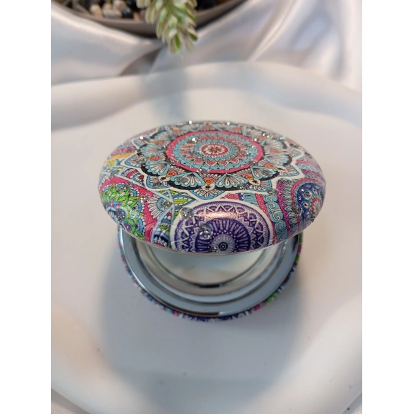 Rengarenk Mandala Desenli Işıltılı Yuvarlak Cep Aynası