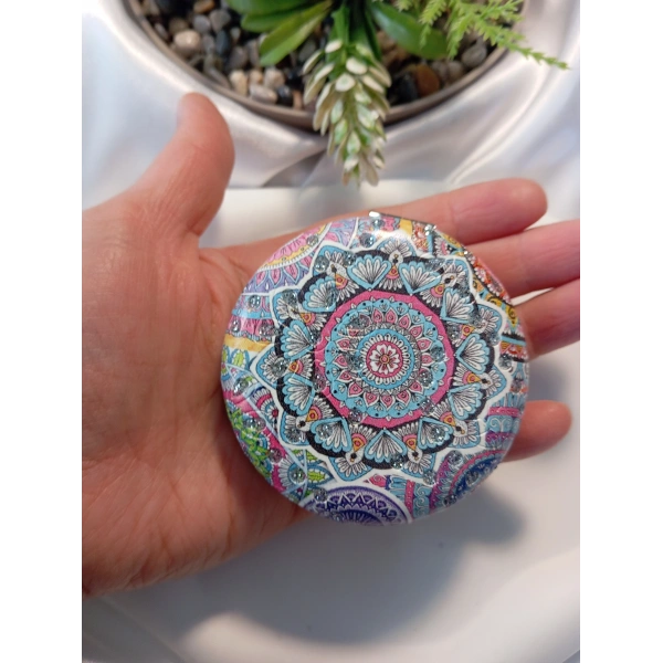 Rengarenk Mandala Desenli Işıltılı Yuvarlak Cep Aynası