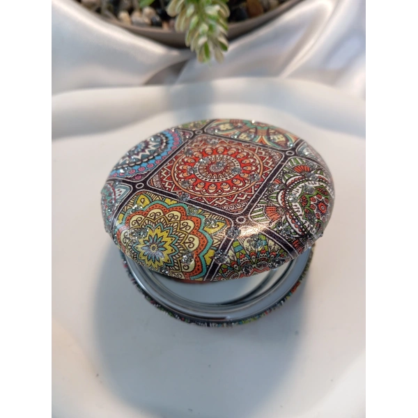 Etnik Mandala Desenli Işıltılı Yuvarlak Cep Aynası
