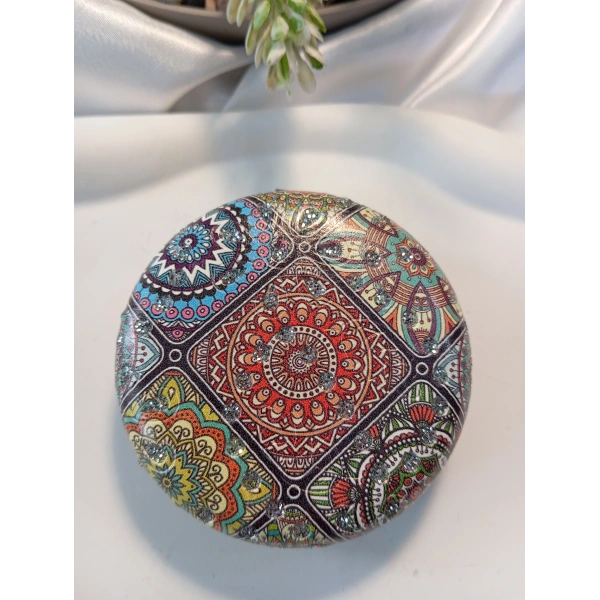 Etnik Mandala Desenli Işıltılı Yuvarlak Cep Aynası