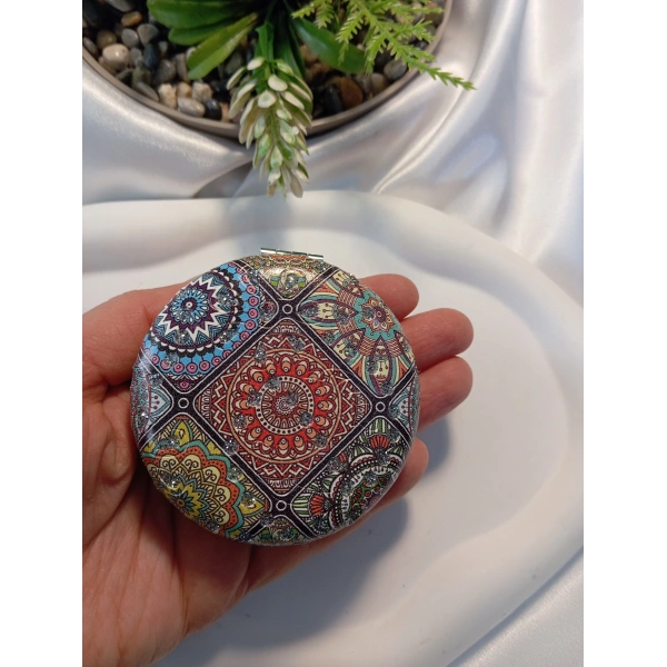 Etnik Mandala Desenli Işıltılı Yuvarlak Cep Aynası