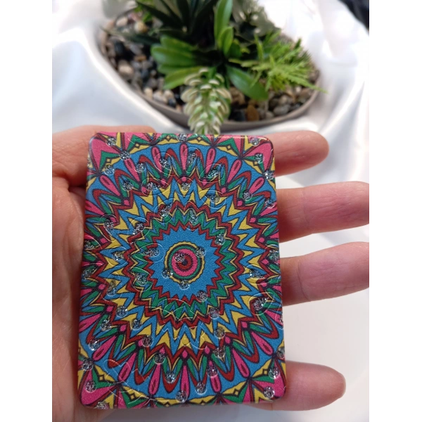 Canlı Renkli Mandala Desenli Işıltılı Dikdörtgen Cep Aynası (7x1 cm)