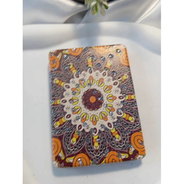 Kahverengi ve Turuncu Mandala Desenli Işıltılı Dikdörtgen Cep Aynası (7x1 cm)