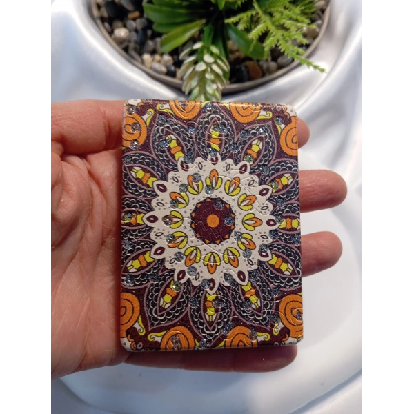 Kahverengi ve Turuncu Mandala Desenli Işıltılı Dikdörtgen Cep Aynası (7x1 cm)