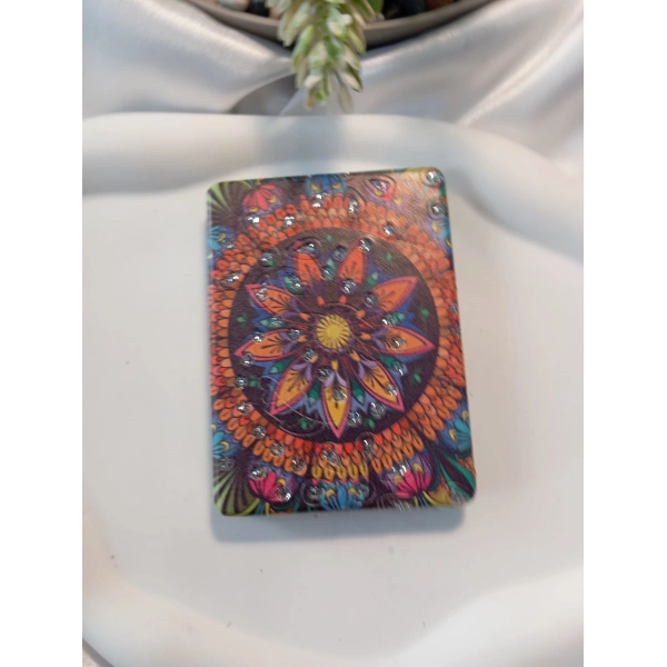 Koyu Zeminli Canlı Mandala Desenli Işıltılı Dikdörtgen Cep Aynası (7x1 cm)