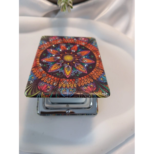Koyu Zeminli Canlı Mandala Desenli Işıltılı Dikdörtgen Cep Aynası (7x1 cm)