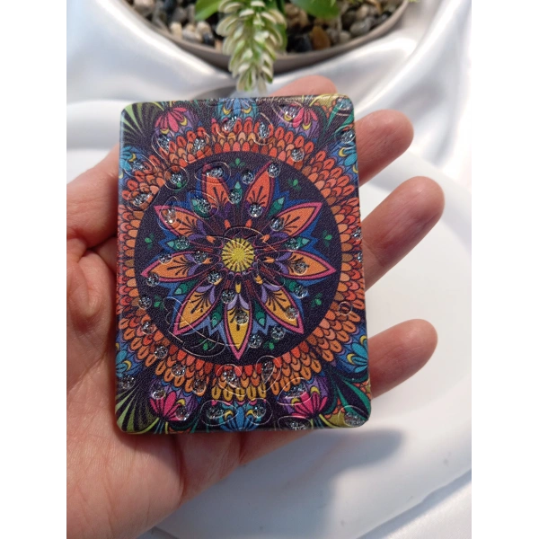 Koyu Zeminli Canlı Mandala Desenli Işıltılı Dikdörtgen Cep Aynası (7x1 cm)