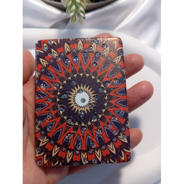 Koyu Kırmızı ve Mor Mandala Desenli Işıltılı Dikdörtgen Cep Aynası (7x1 cm)