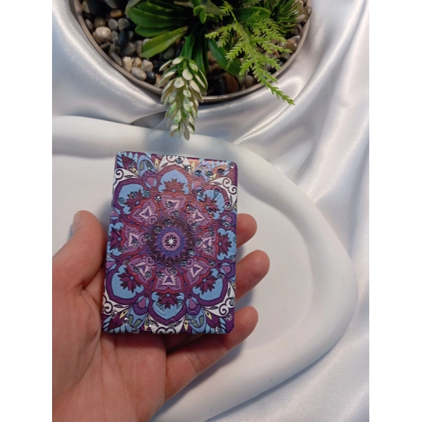 Mor ve Mavi Mandala Desenli Işıltılı Dikdörtgen Cep Aynası (7x1 cm)